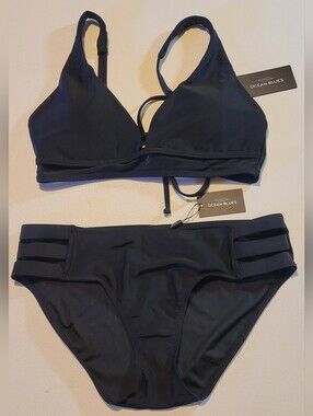 Ocean Blues Black Strappy Bikini Mix Size Set- Top M, Bottoms S